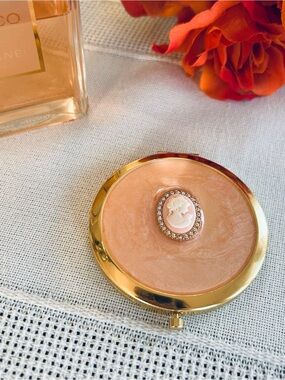 Compact Mirror Portable Makeup Mirror Gold Compact with Pink Cameo Accent